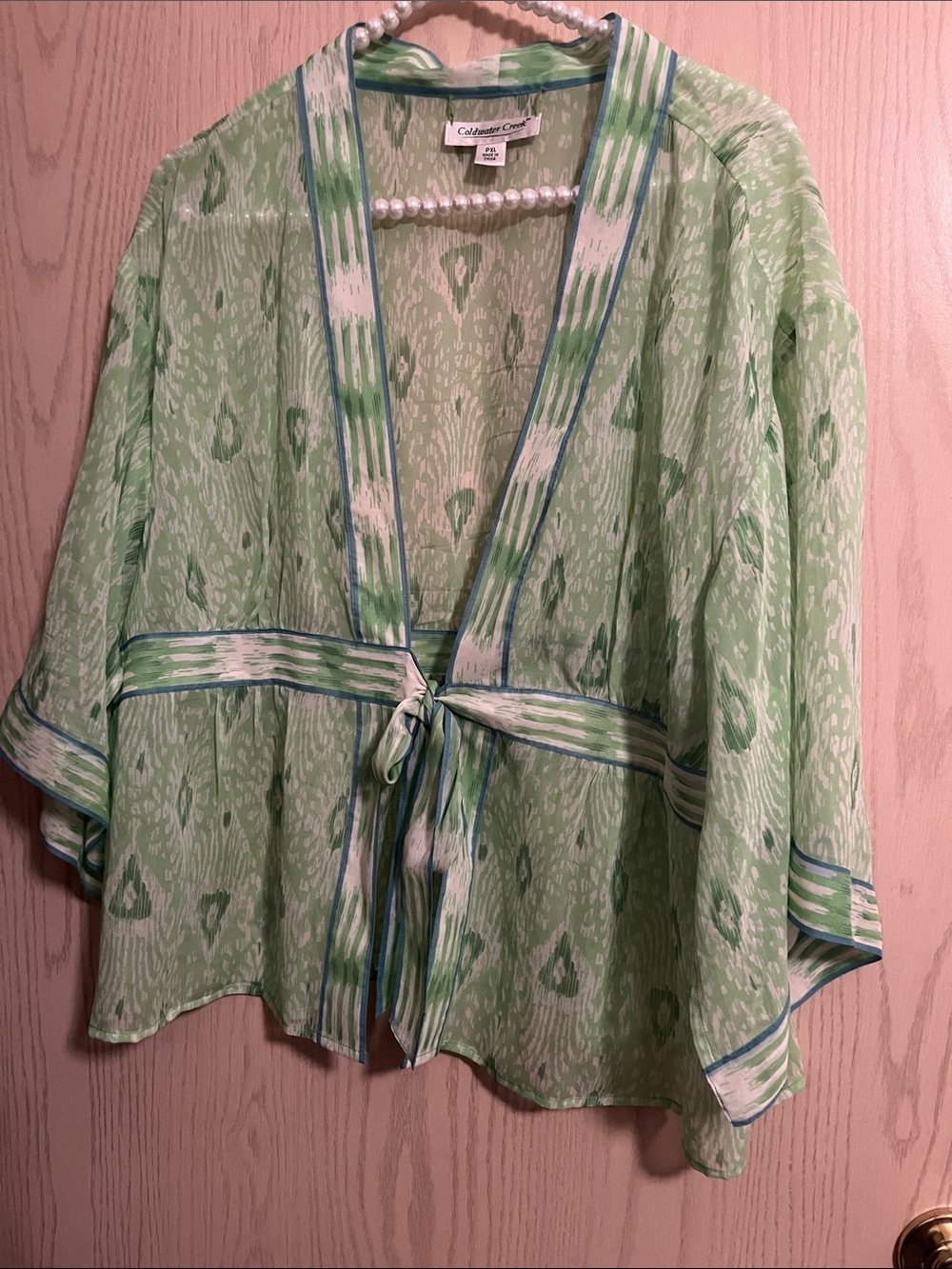 Coldwater Creek Light Green Ikat Print Tie-Front Blouse
